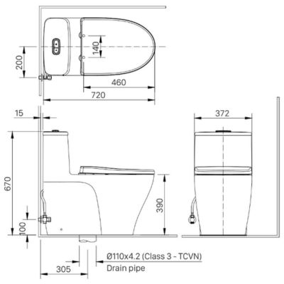 bản vẽ kỹ thuật bồn cầu 1 khối Inax AC-989VN